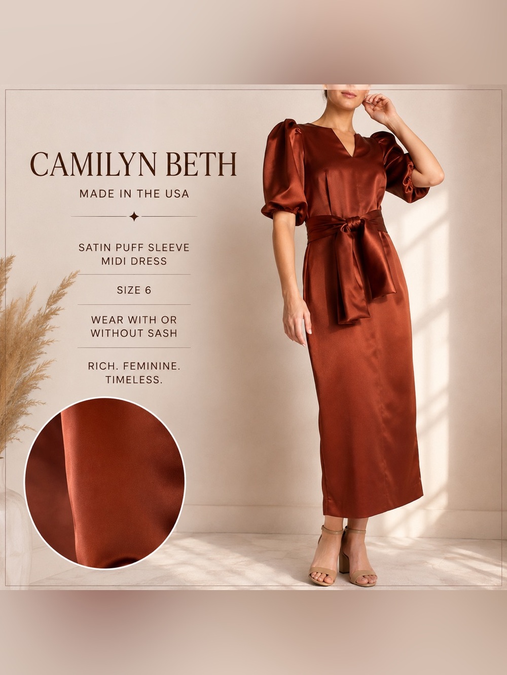 Camilyn Beth Burnt Sienna Satin Puff Sleeve Midi Dress | Size 6 | Made in USA